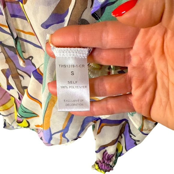 THML Abstract Multicolor Sheer Ruffle Blouse Tie Neck Long Sleeve Women’s Small - Picture 5 of 8